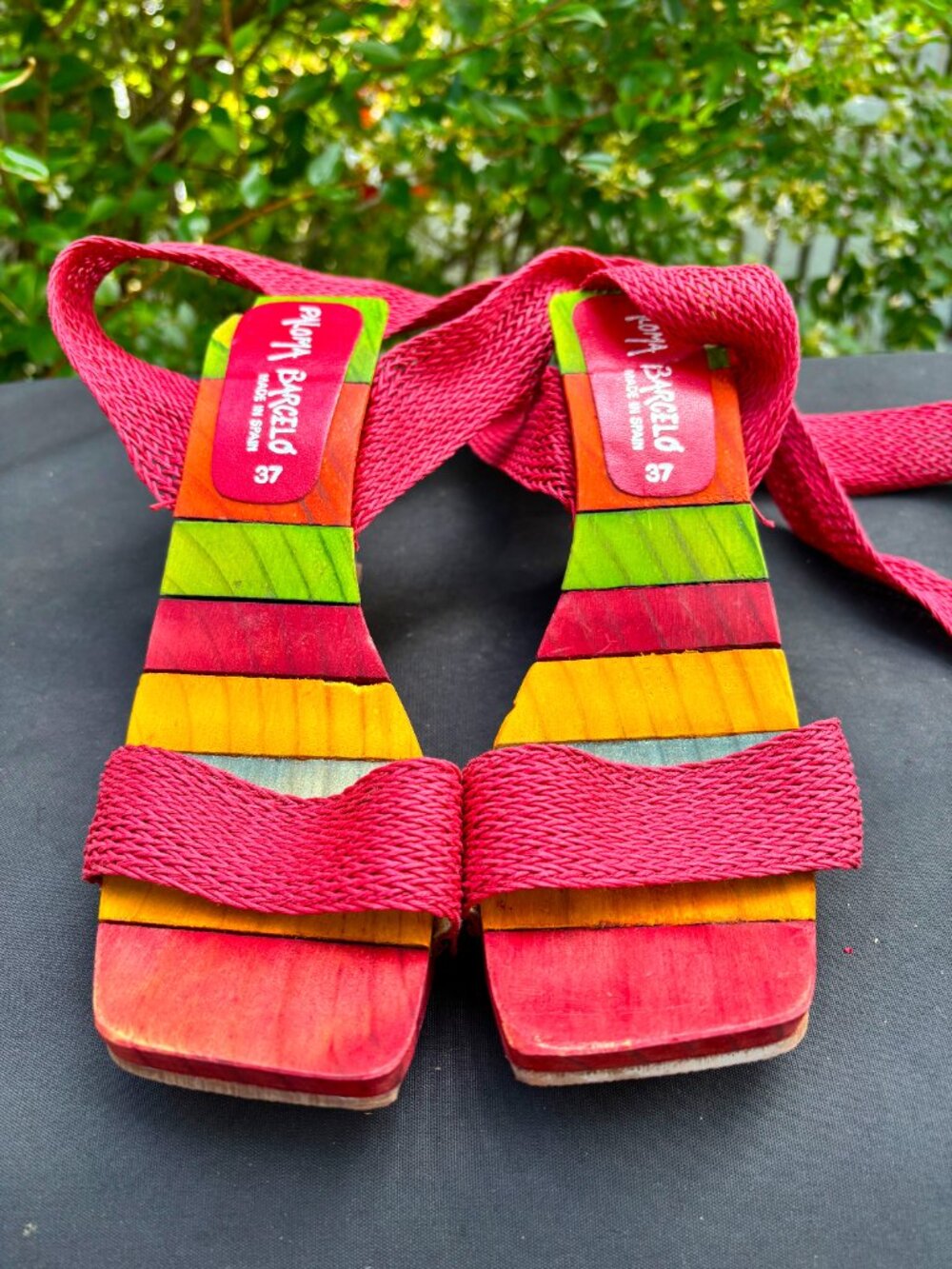 Paloma Barcelo Colorful Wood Wedge Sandals with Ballet Strap Ties Size 7 - Picture 6 of 10